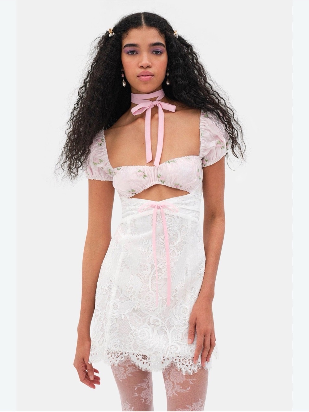 For Love & Lemons Pink and White Lace Cutout Mini Chemise